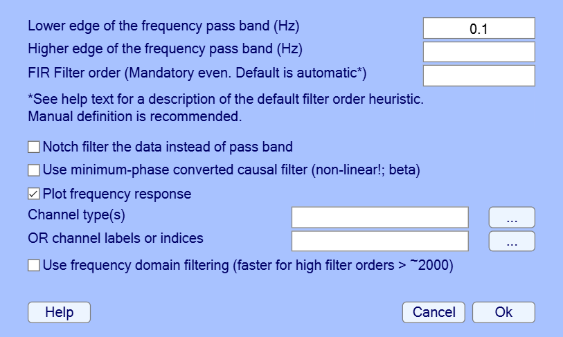نافذة Filter the data -- pop_eegfiltnew() وفي خانة Lower edge of the frequency pass band (Hz) القيمة 0.1، وخانة Plot frequency response مفعّلة.