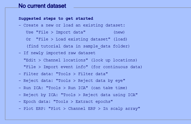 نافذة EEGLAB الرئيسية قبل الاستيراد: لا توجد بيانات، وتظهر عبارة No current dataset.